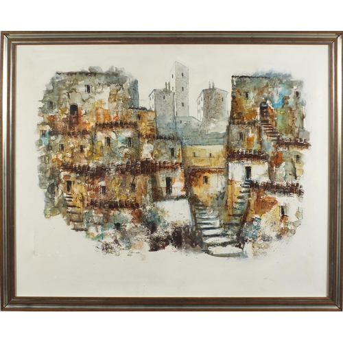 2339 - Townscape, oil and mixed media on canvas, framed, 91cm x 72cm