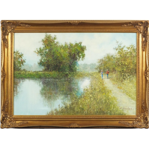 2338 - Two figures walking beside water, oil on canvas bearing a signature Beiber, framed 75cm x 50cm