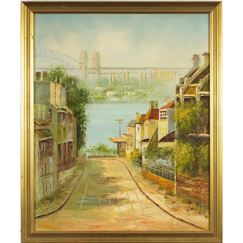 2300 - Town before water, Continental school, oil on canvas laid on board, framed, 50cm x 40.5cm