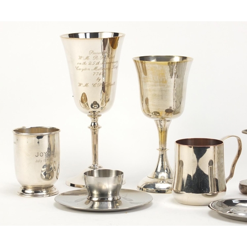 2301 - Silverplate and a silver christening tankard including a four bottle cruet on stand