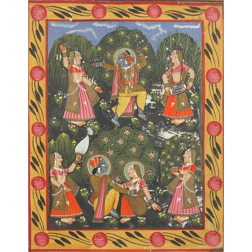 2289 - Deities and animals, pair of Indian watercolour on silk, framed, each 60cm x 46cm