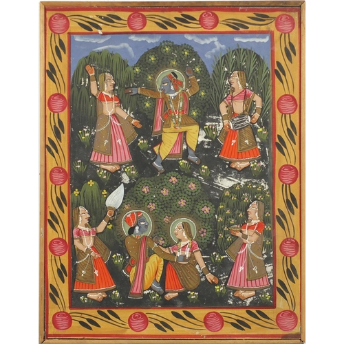 2289 - Deities and animals, pair of Indian watercolour on silk, framed, each 60cm x 46cm