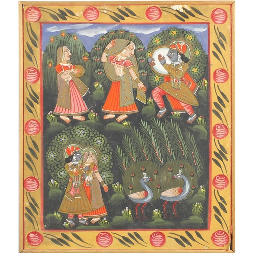 2289 - Deities and animals, pair of Indian watercolour on silk, framed, each 60cm x 46cm