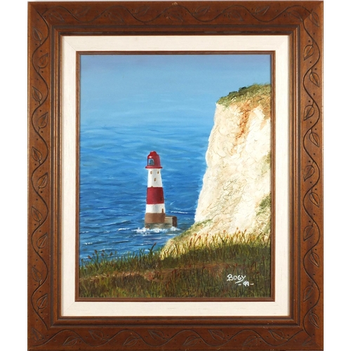 2253 - Beachy Head lighthouse, oil on canvas, bearing a signature Bogy, mounted and framed, 40cm x 31.5cm