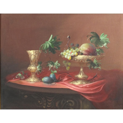 2160 - Still life fruit and vessels, oil on canvas, mounted and framed, 50cm x 40cm