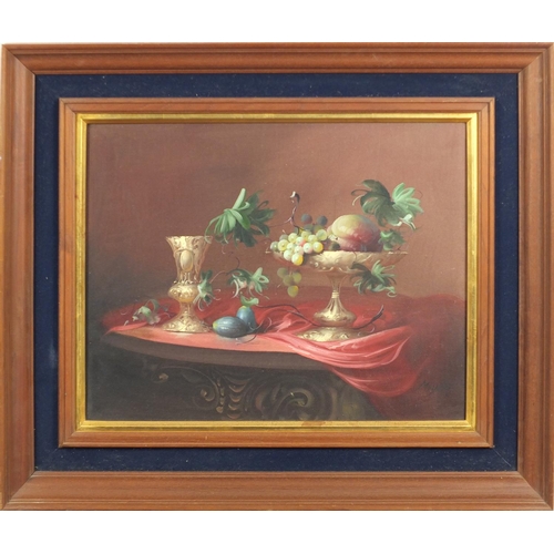 2160 - Still life fruit and vessels, oil on canvas, mounted and framed, 50cm x 40cm