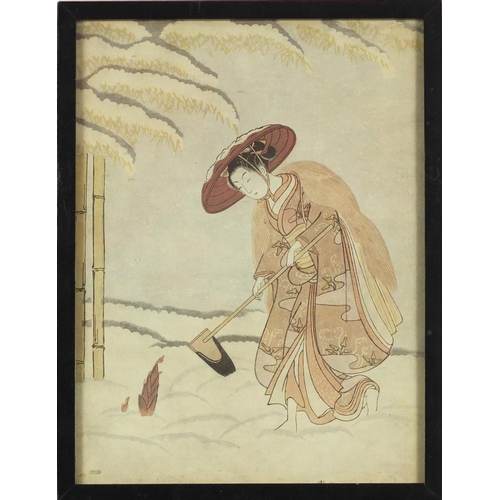 2315 - Three Japanese pictures of figures, two titled verso, framed, each 26cm x 16.5cm