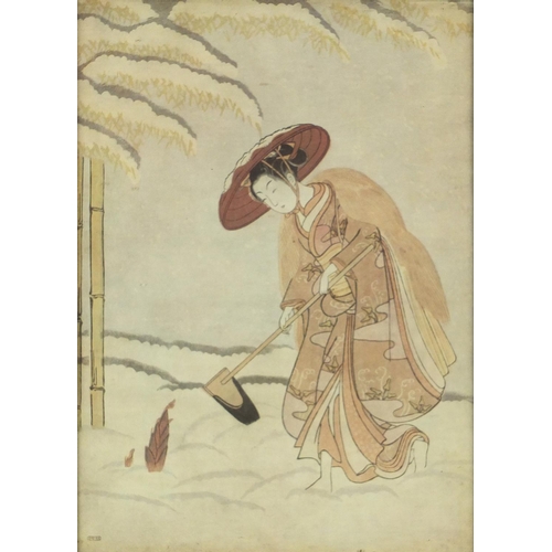 2315 - Three Japanese pictures of figures, two titled verso, framed, each 26cm x 16.5cm