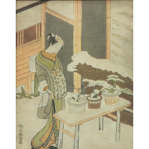 2316 - Four Japanese pictures, three with details verso, framed, the largest 30cm x 19cm