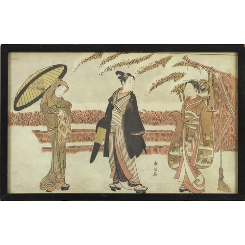 2316 - Four Japanese pictures, three with details verso, framed, the largest 30cm x 19cm