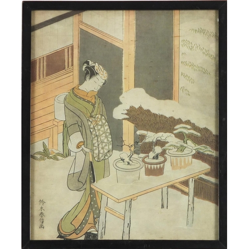 2316 - Four Japanese pictures, three with details verso, framed, the largest 30cm x 19cm