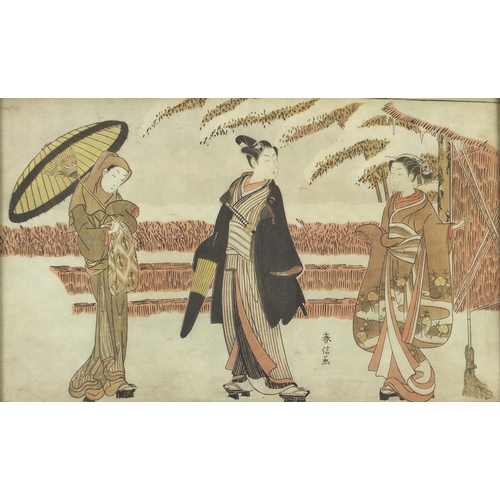 2316 - Four Japanese pictures, three with details verso, framed, the largest 30cm x 19cm