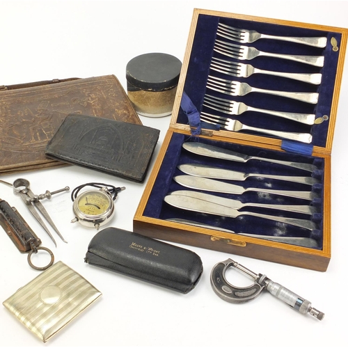 2896 - Miscellaneous items including silver plated cutlery, micrometers and cigarette cases