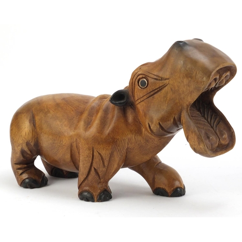 2564 - Carved wood hippopotamus and a large elephant, the largest 41cm high