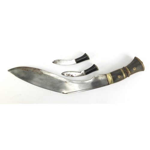 2948 - Kukri knife with leather sheath and horn handles, 44cm in length