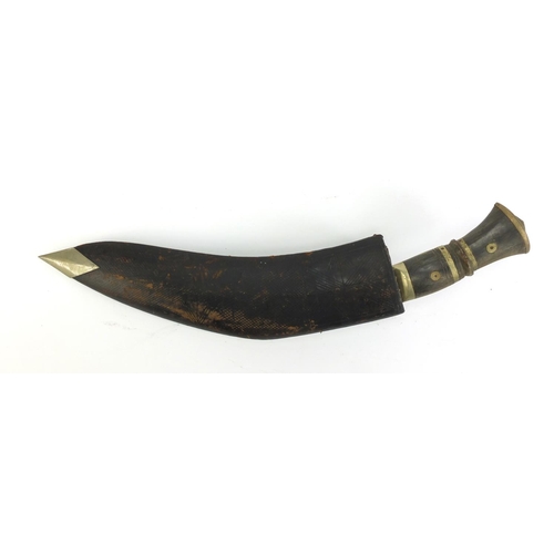 2948 - Kukri knife with leather sheath and horn handles, 44cm in length