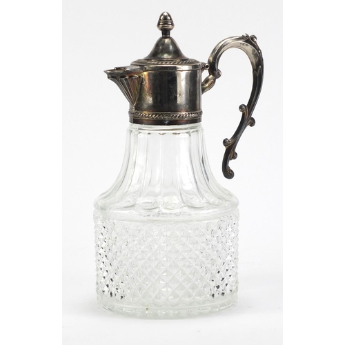 2177 - Glass claret jug with silver plated lid and handle, 25cm high