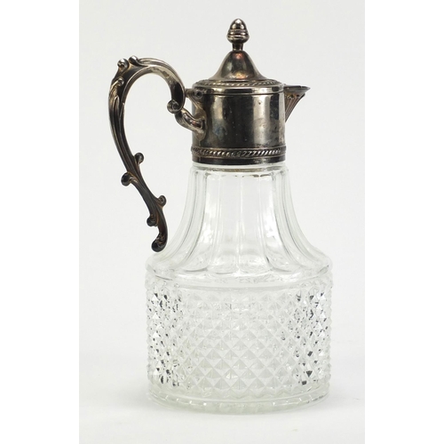 2177 - Glass claret jug with silver plated lid and handle, 25cm high