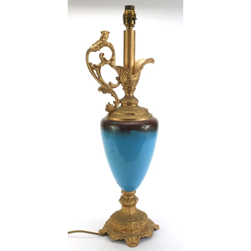 2209 - Victorian hand painted glass table lamp with gilt metal mounts in the form of a ewer, 47cm high excl... 