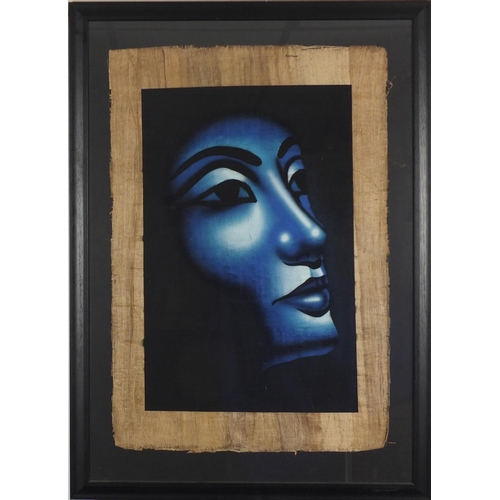 2410 - Three Egyptian portraits on papyrus paper, each framed, the largest 92cm x 63cm