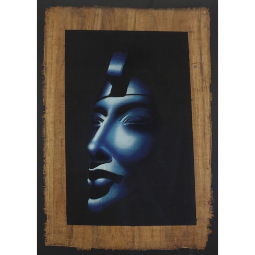 2410 - Three Egyptian portraits on papyrus paper, each framed, the largest 92cm x 63cm