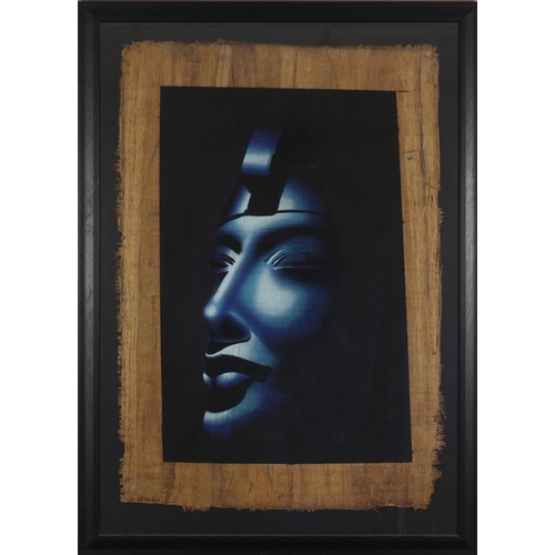 2410 - Three Egyptian portraits on papyrus paper, each framed, the largest 92cm x 63cm