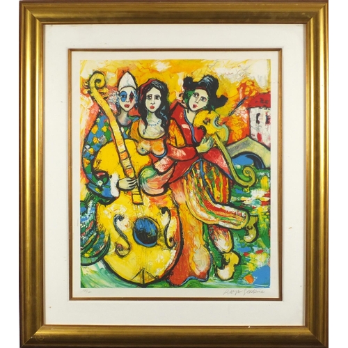 2326 - Raya Sealsine? coloured print of musicians, pencil signed and limited edition 178/300, mounted and f... 