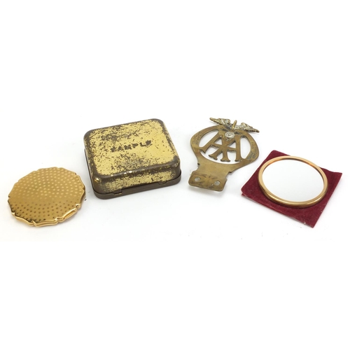 2819 - Objects including a Macfarlane sample biscuit tin and brass AA car badge