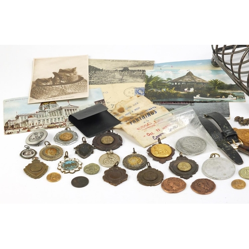 2854 - Objects including motorcycle sports jewels, silver handled sewing items, silver plate and a Scandina... 