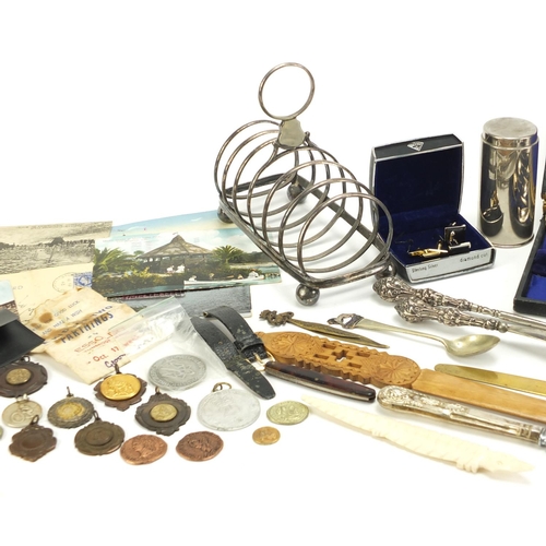 2854 - Objects including motorcycle sports jewels, silver handled sewing items, silver plate and a Scandina... 