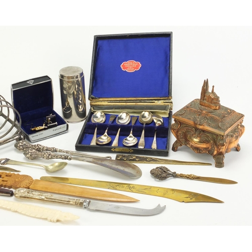 2854 - Objects including motorcycle sports jewels, silver handled sewing items, silver plate and a Scandina... 