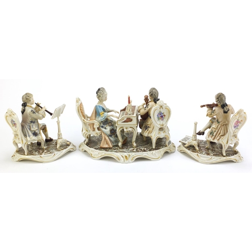 2193 - Three hand painted Dresden Kunst musician figure groups, the largest 26cm wide