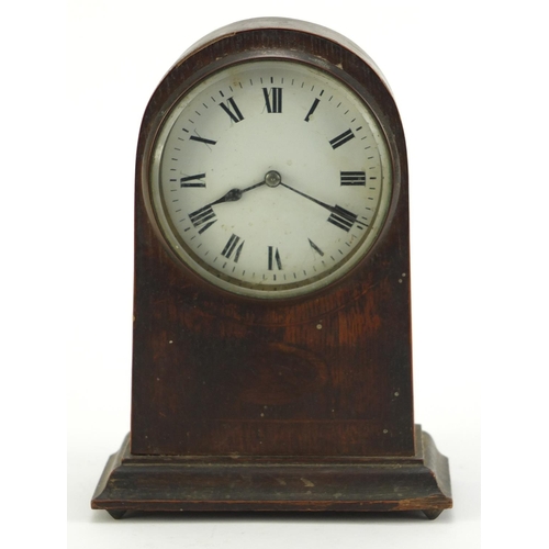 2739 - Edwardian inlaid oak dome topped mantel clock with enamel dial, 18.5cm high