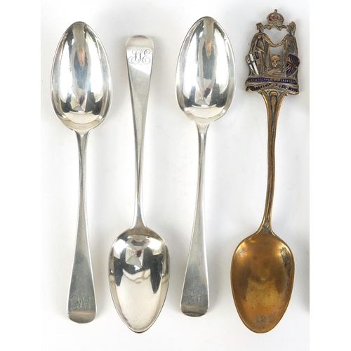 2757 - Set of six Georgian silver teaspoons and 1854-1911 enamelled souvenir teaspoon, the set 96.5g