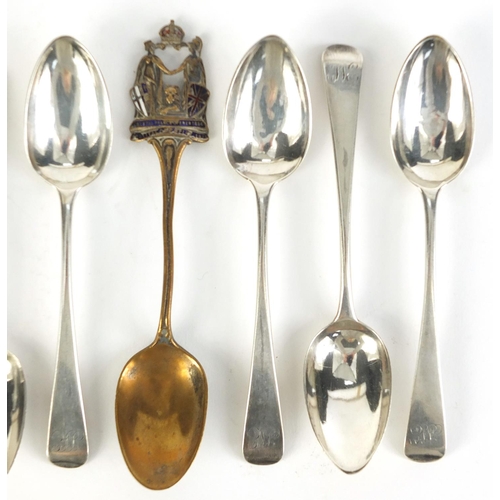 2757 - Set of six Georgian silver teaspoons and 1854-1911 enamelled souvenir teaspoon, the set 96.5g