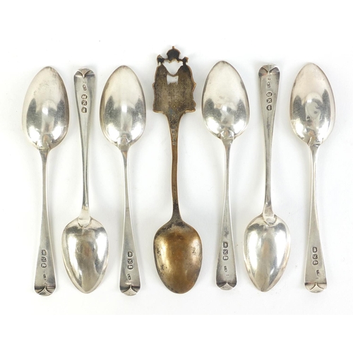 2757 - Set of six Georgian silver teaspoons and 1854-1911 enamelled souvenir teaspoon, the set 96.5g