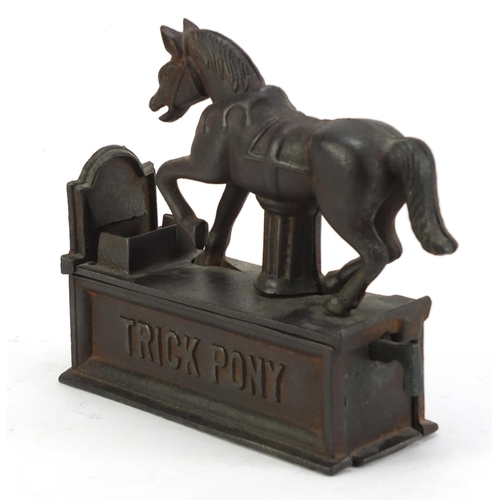 2859 - Novelty Trick Pony cast iron money bank, 16.5cm wide