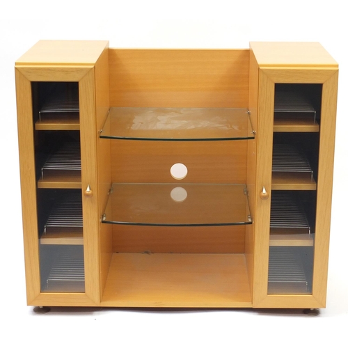 2129 - Beech multi-media stand by John Coyle, 81.5cm H x 95cm W x 43.5cm D