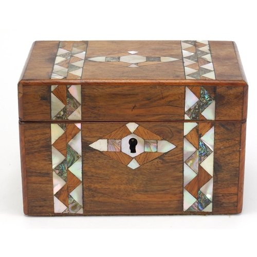 2611 - Walnut twin divisional tea caddy with pearl and abalone inlay, 12cm H x 18cm W x 11cm D