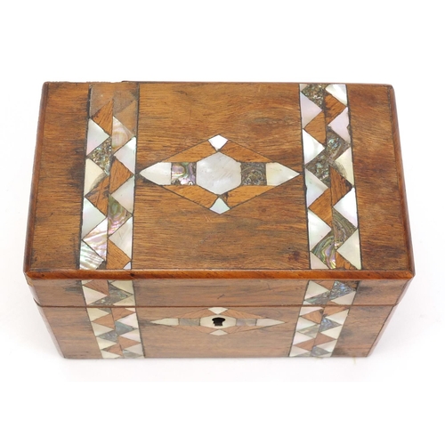 2611 - Walnut twin divisional tea caddy with pearl and abalone inlay, 12cm H x 18cm W x 11cm D