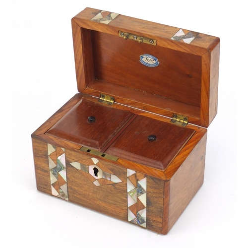 2611 - Walnut twin divisional tea caddy with pearl and abalone inlay, 12cm H x 18cm W x 11cm D