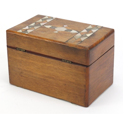 2611 - Walnut twin divisional tea caddy with pearl and abalone inlay, 12cm H x 18cm W x 11cm D