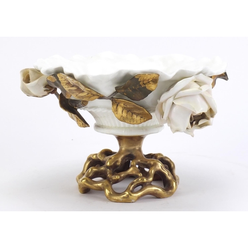 2625 - Continental porcelain centrepiece relief decorated with white roses and gilt leaves, 14cm high