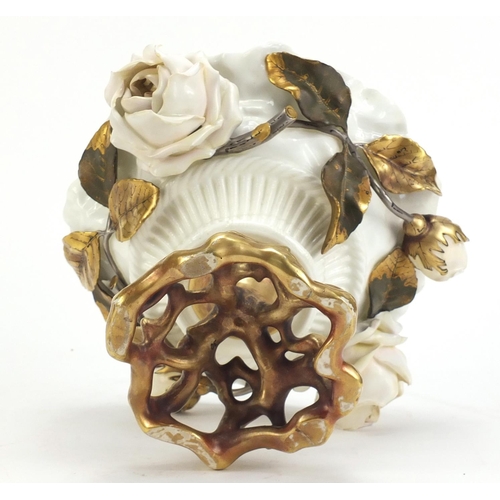 2625 - Continental porcelain centrepiece relief decorated with white roses and gilt leaves, 14cm high