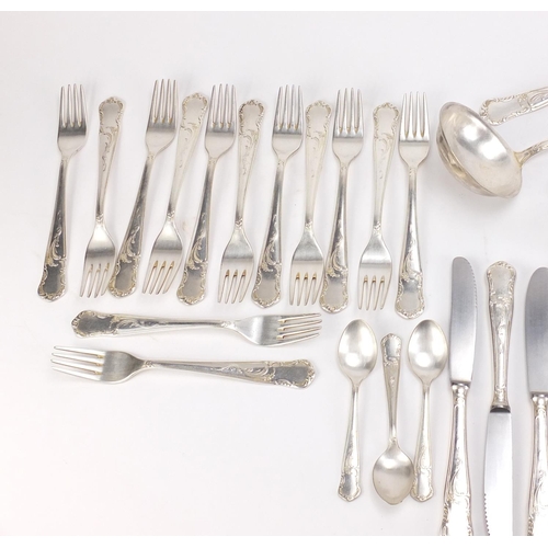 2786 - Suite of silver plated cutlery marked GJ100, the ladle 28cm in length