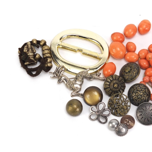 2925 - Costume jewellery including a coral coloured necklace, marcasite deer brooch and buttons