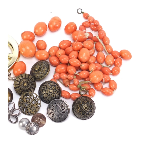 2925 - Costume jewellery including a coral coloured necklace, marcasite deer brooch and buttons