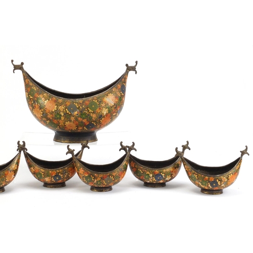 2736 - Six 19th century Russian lacquered boat dishes and a centre bowl, each hand painted with flowers, th... 