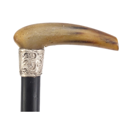 2790 - Horn handled ebonised walking stick with silver collar, 88.5cm in  length