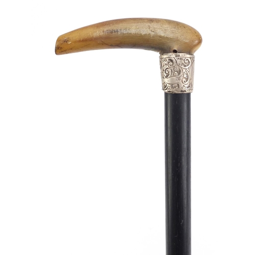 2790 - Horn handled ebonised walking stick with silver collar, 88.5cm in  length